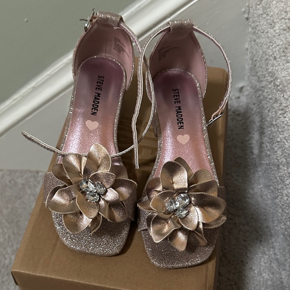 Steve Madden Girl’s Pink Glitter Heels with Floral Accent